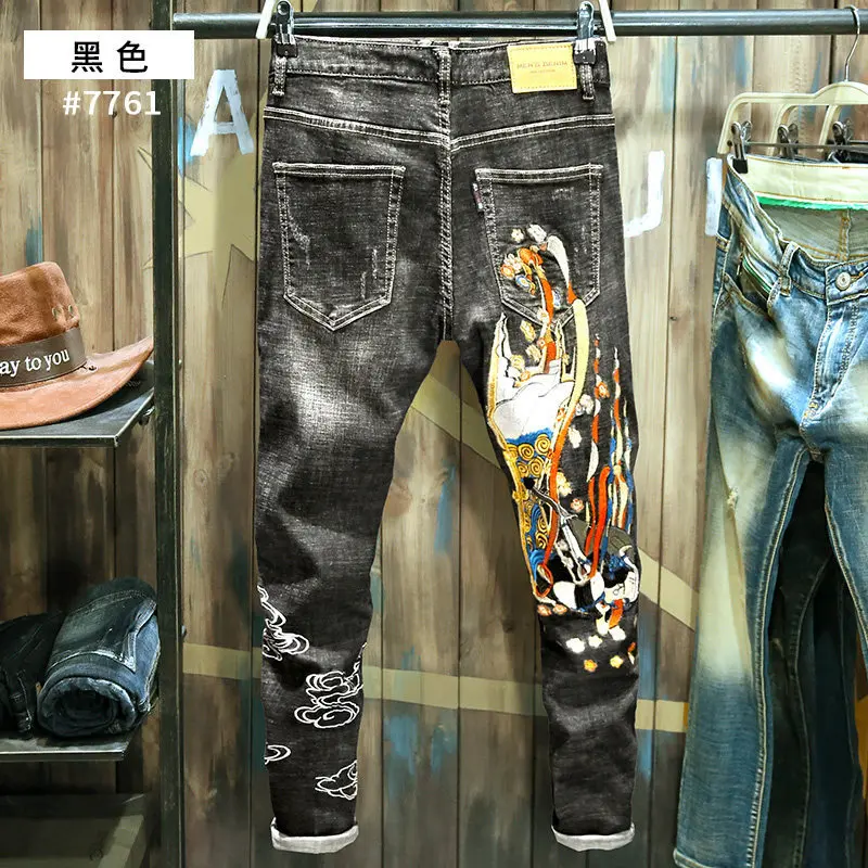 Summer 2021 Hot Heavy Embroidery Black Men's Jeans Small Feet Slim Brand Authentic High-end Stretch Pants Korean Chinese Style
