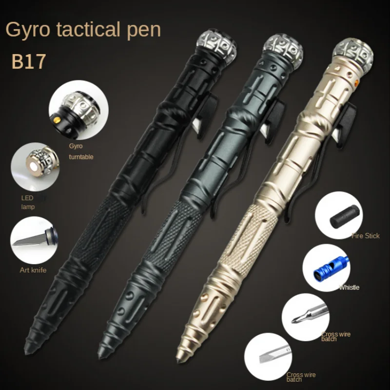 Tactical Pen Aluminum Alloy Multifunctional Wolf Proof Ballpoint Pen - Gyro with Lamp Survival Defense Pen