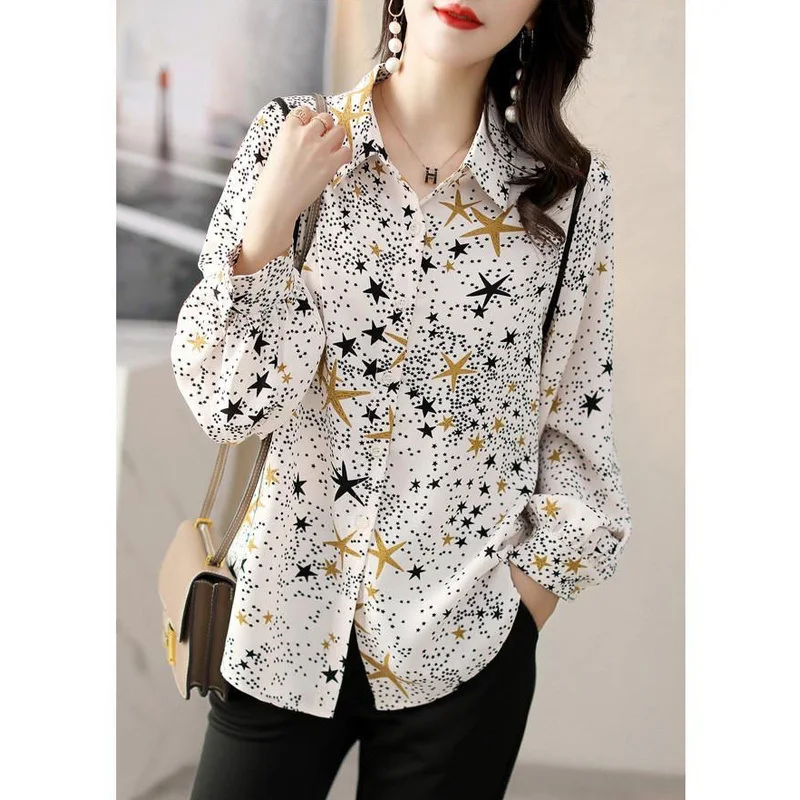 Star Print Simple Casual Office Lady Commute Button Up Shirt Fashion Turn Down Collar Long Sleeve Loose Blouse Top Women Blusas