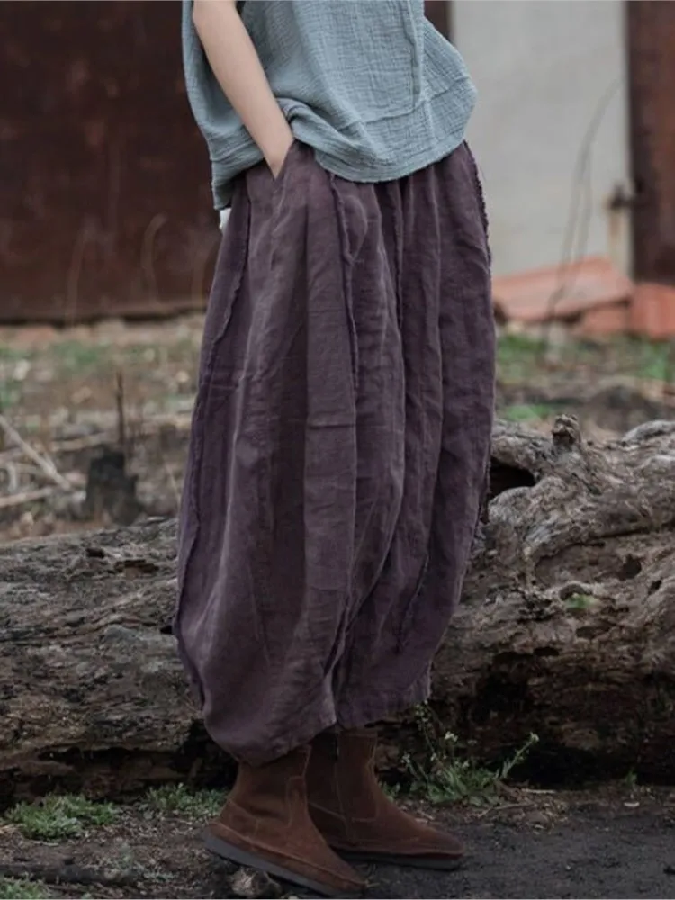Women Loose Elastic Waist Ramie Cotton Pants Ladies Summer Trousers 2025 Retro 