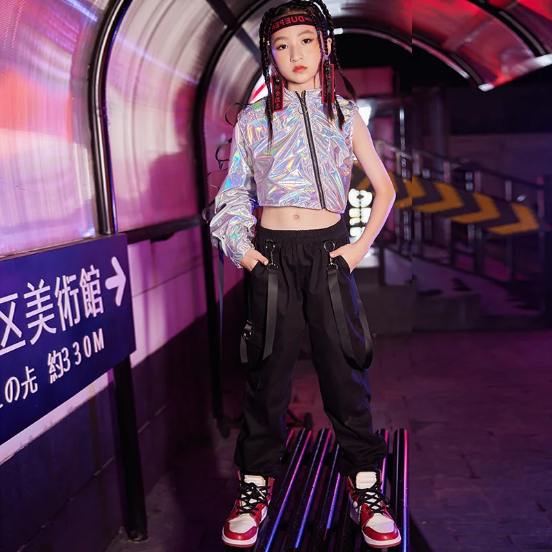 

Hip Hop Jazz Dance Stage Costume Kpop Outfit Girls Street Dance Clothing Laser Single Sleeve Tops Cargo Pants Suit Kids
