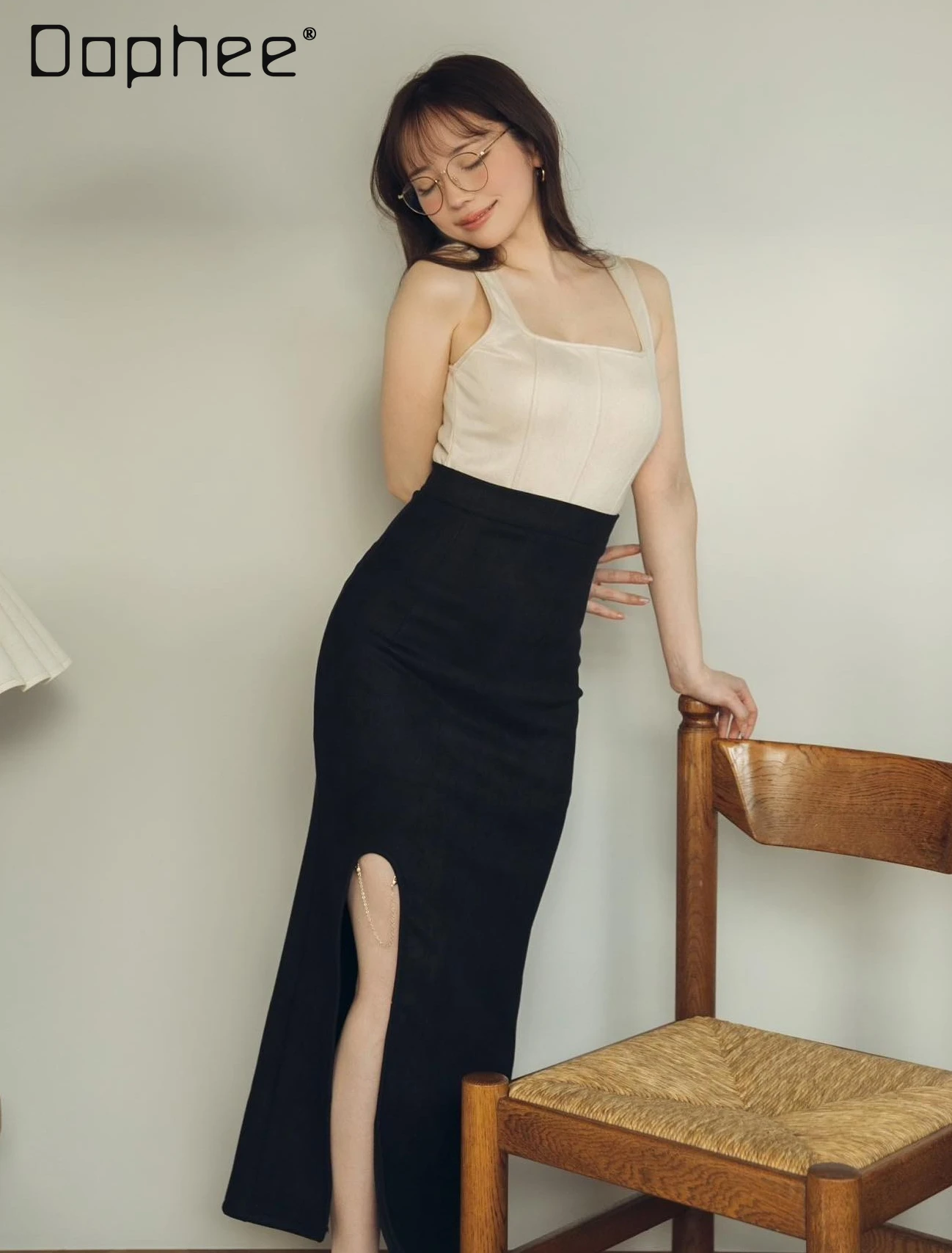 

Women's Clothing Sexy Pure Color Mid-length Skirts 2024 Spring New Elegant Hot Girl Slim High Waisted Midi Fishtail Skirt Female