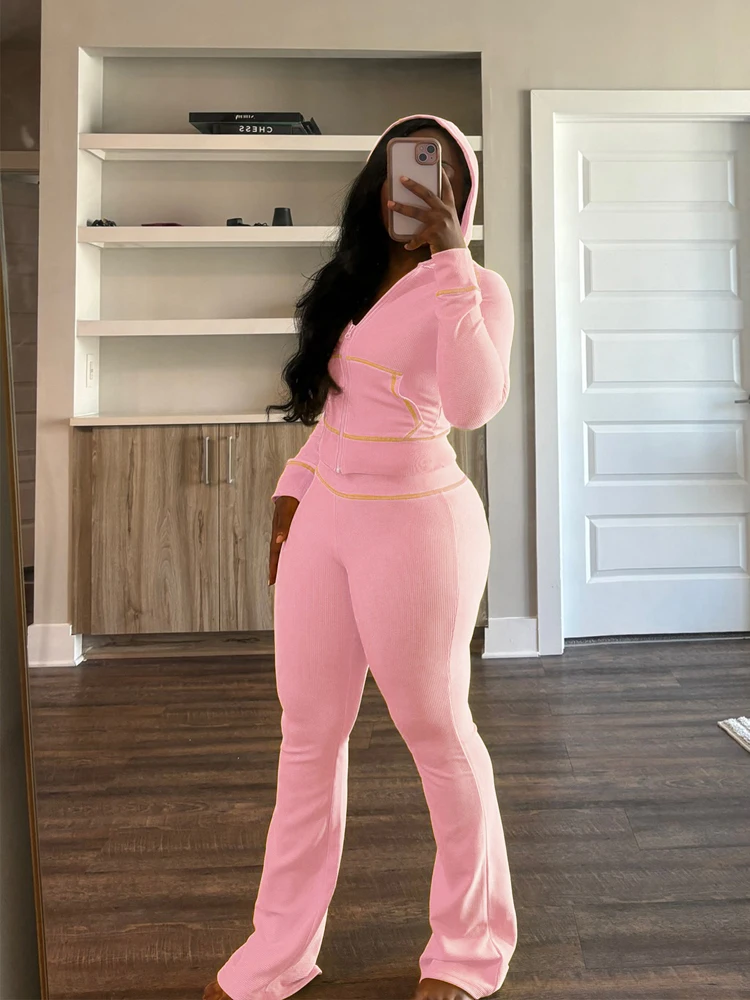 Waffle Striped Women Outfits Hooded Tops and Flare Pants Suits