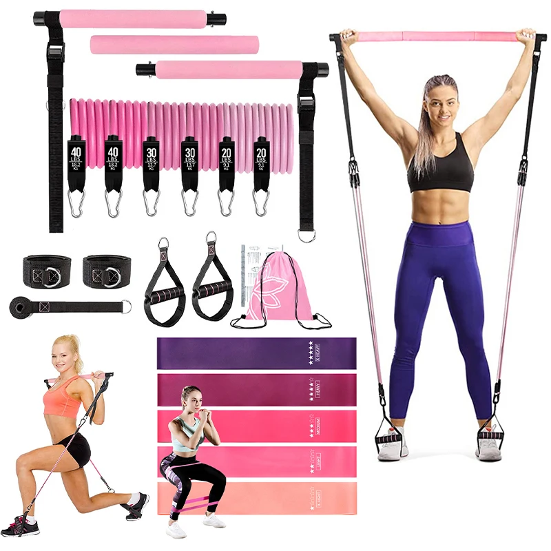 

Portable Pilates Bar Kit with Resistance Bands Set 180LBS Bodybuilding Elastic Bands Fitness Stick Sports Pull Rope Workout Bar