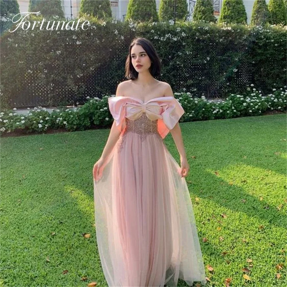 

Fortunate Pink Off The Shoulder Senior Prom Dress Off The Shoulder Tulle Garden Evening Party Gown Bead Bow Back Formal Occasion