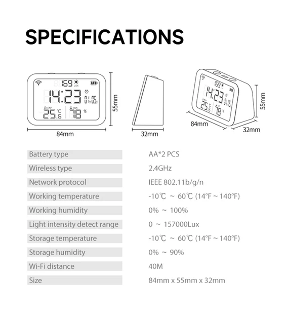 Tuya Smart WiFi 4-IN-1 Temperature Humidity Sensor Light Intensity Detector Time Display Alarm Clock Fit Alexa Google Assistant 4