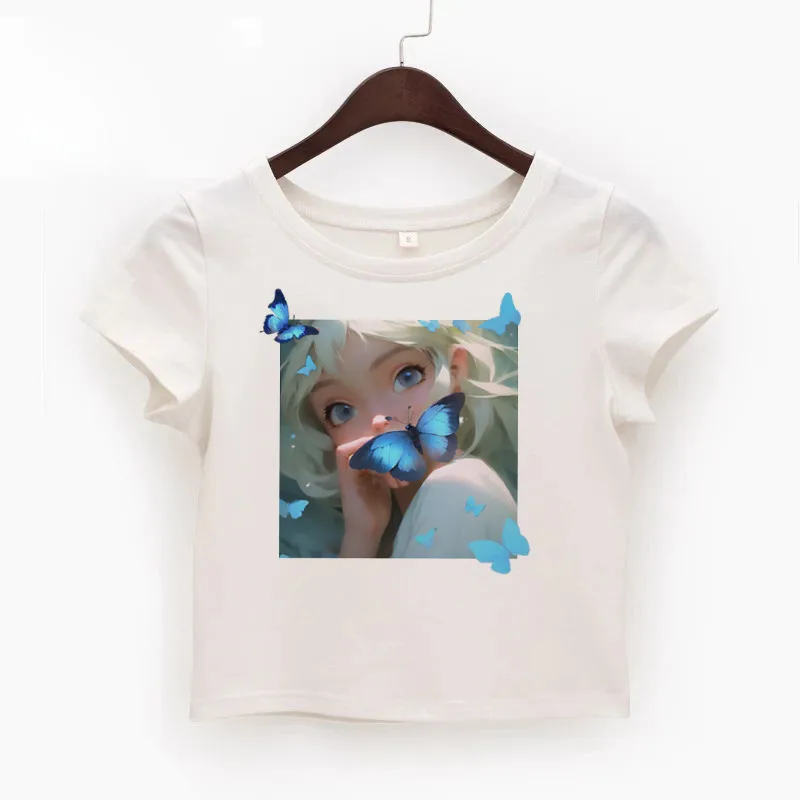 

Anime character butterfly print T-shirt summer women's casual white women's T-shirt Harajuku vintage fashion T-shirt