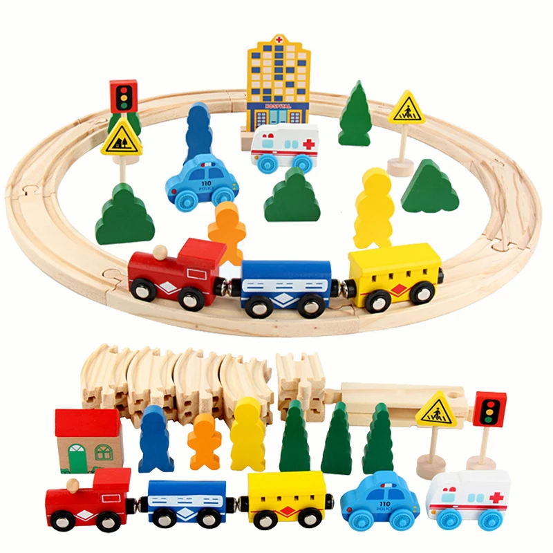 Wooden Train Track Highway Roundabout Set Wooden Railway Electric Train Toy Wood Tracks