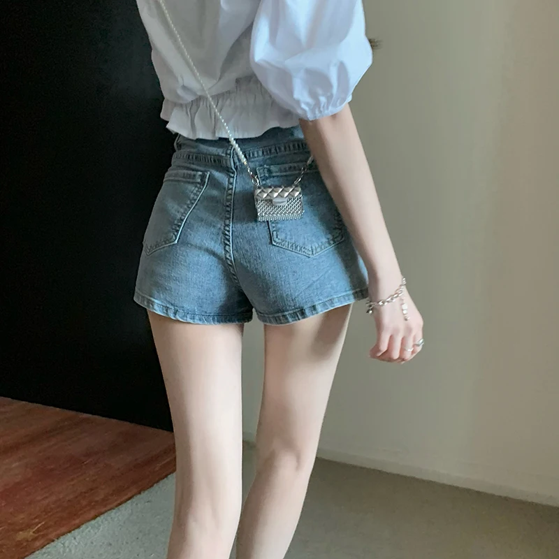 Women'S Casual Slit Denim Shorts High Waist Slim Button A Line Shorts Woman Summer Fashion Down Blue Washed  Pants Ladies New