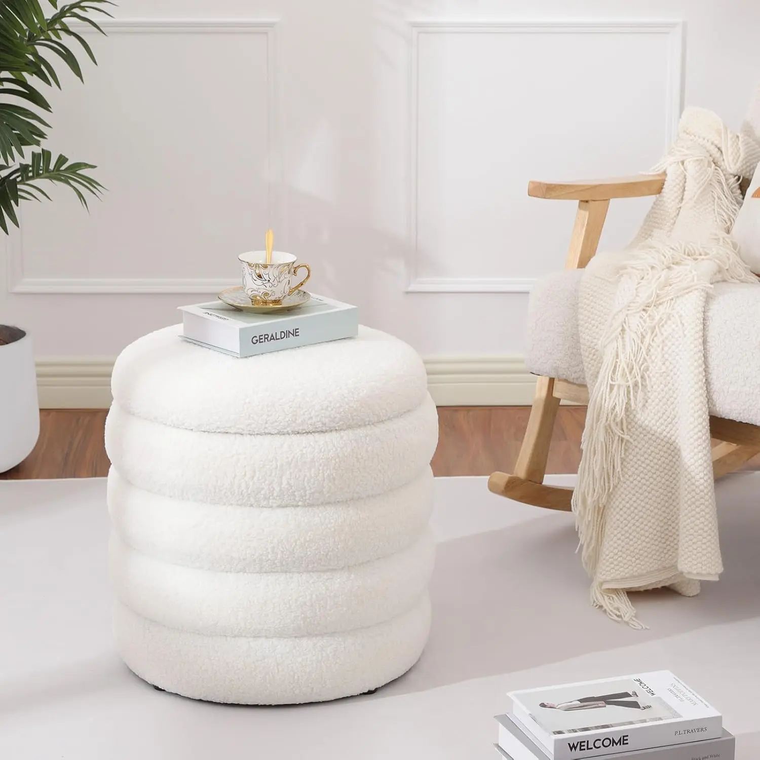 Modern Upholstered Vanity Stool Foot Rest, Small White Boucle Storage Ottoman for Bedroom, Living Room, Entryway, Dorm