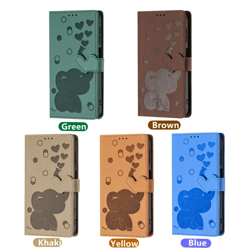 Whimsical Elephant Leather Wallet Phone Case with Card Slots
