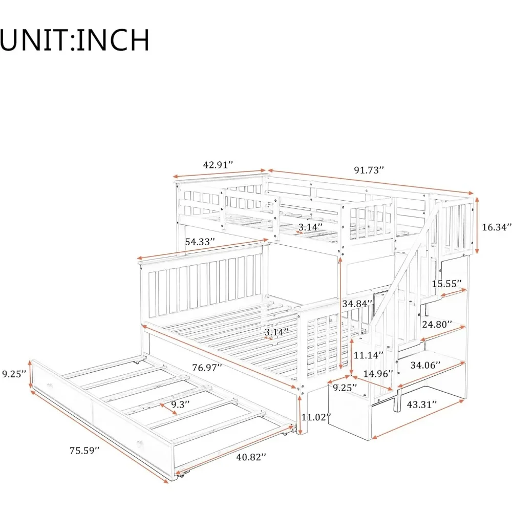 Twin Over Full Bunk Bed with Twin Size Trundle,Wooden Bunk Bed with Stairway,Storage and Guard Rail for Kids, Bunk Children Bed 5