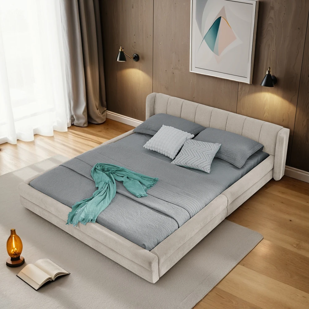 Einzelbett 90*200 cm, hautfreundlicher Chenille-Stoff, bequeme Rückenlehne, auch als Kinderbett geeignet, Beige (ohne Matratze) – Detail 10