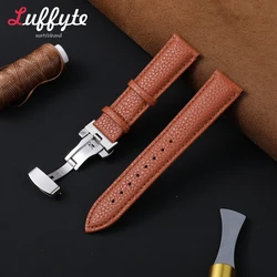 Luxury Leather Watch Strap with Lychee Pattern and Butterfly Buckle - Elegant Black, Brown, and Green Wristband - 22mm (Light Brown)