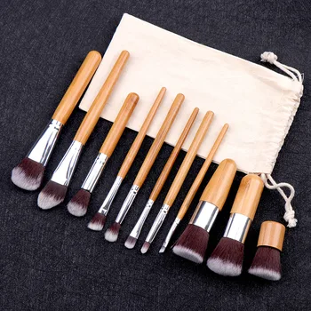 11 Pcs/Set Natural Bamboo Handle Makeup Brushes Set High Quality Foundation Blending Cosmetic Make Up Tool Set With Cotton Bag