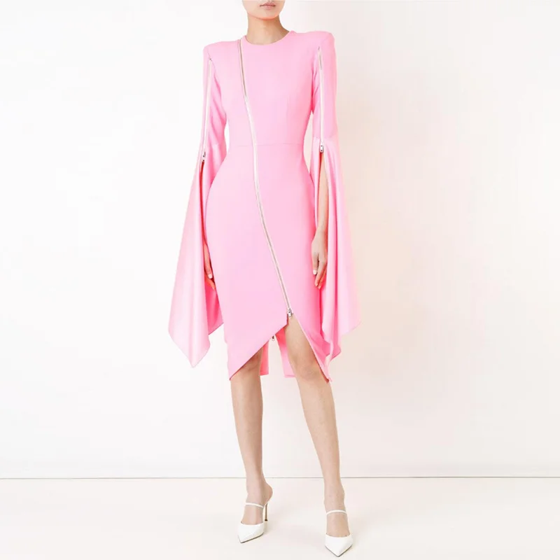 

Fashion Luxury Brand Designer Zipper Long Sleeve Split Design Female New Slim Dress High Waist Elegant Party Dresses Women
