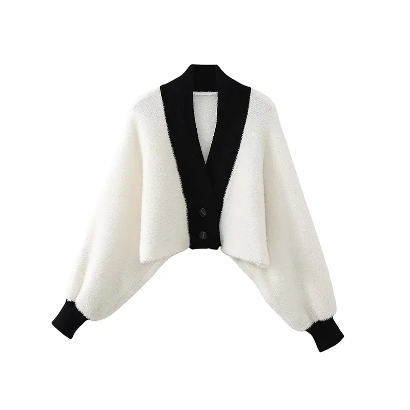 

Winter Women's Clashing Batshirt V-Neck Long Sleeve Knitted Jacket 2023 New Casual Outwear Sweater Warm Coat