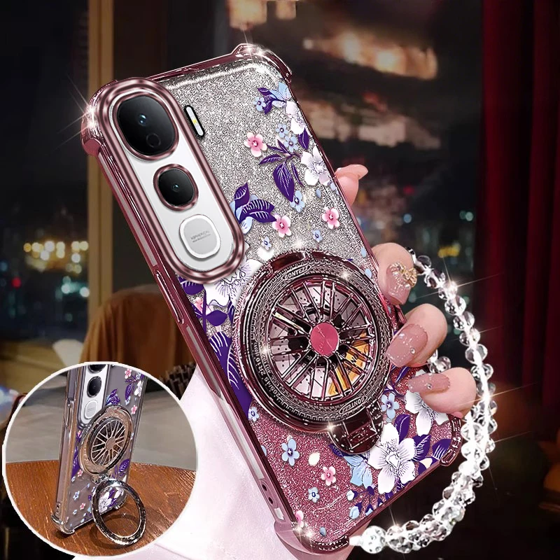 Purple Flowers Plating Phone Case with Bracket and Lanyard