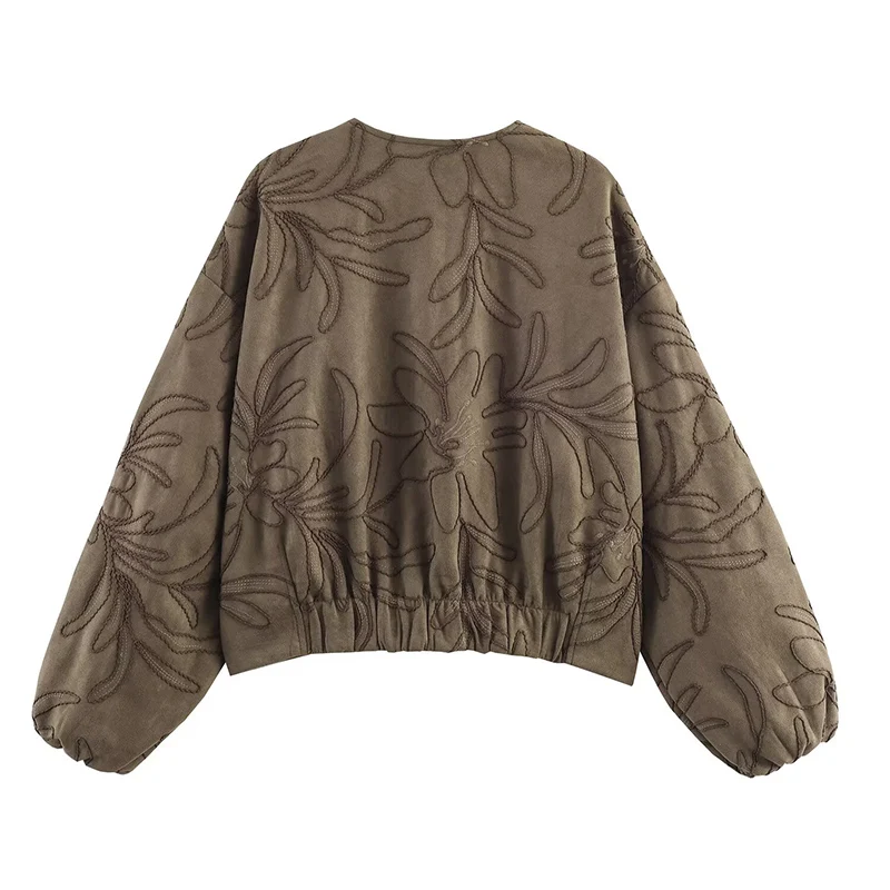 2025 Women Autumn Fashion Suede Embroidery Jacket Front Zipper Loose Bomber Jackets Coat Casual Long Sleeve Commuting Outerwear