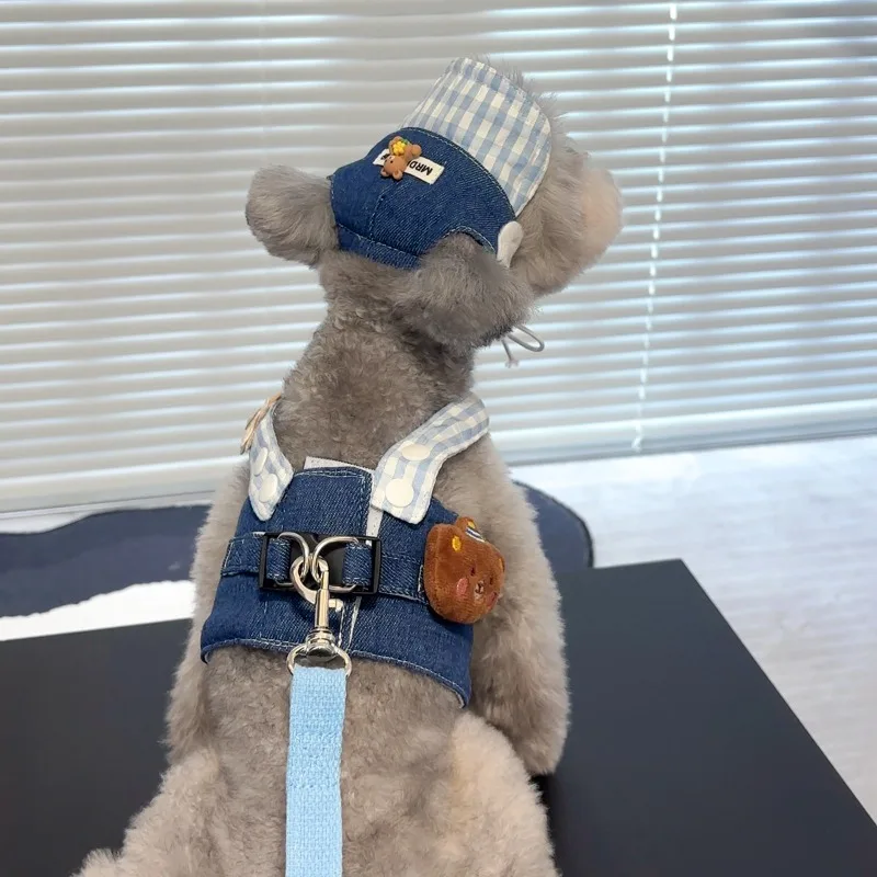 1/Set Dog Harness Leash Puppy Hat Cute Bear Plaid Stripe Harness Leash Rope Ins Style Dog Walking Small Supplies pet harness leash set pet harness set pet leash set