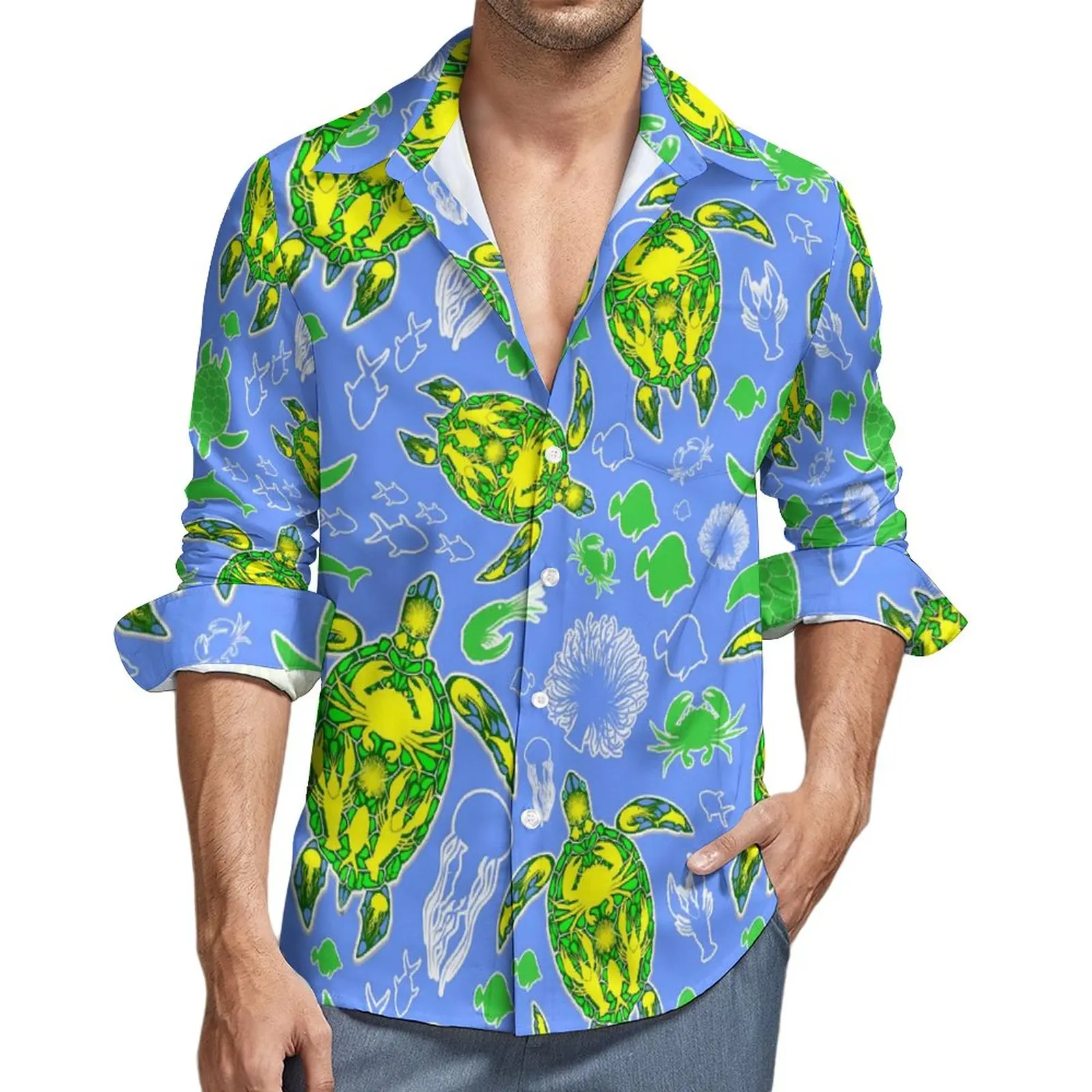 

Sea Turtles Harajuku Casual Shirt Men Coral Reef Marine Shirt Spring Trendy Blouses Long Sleeve Design Oversized Clothing