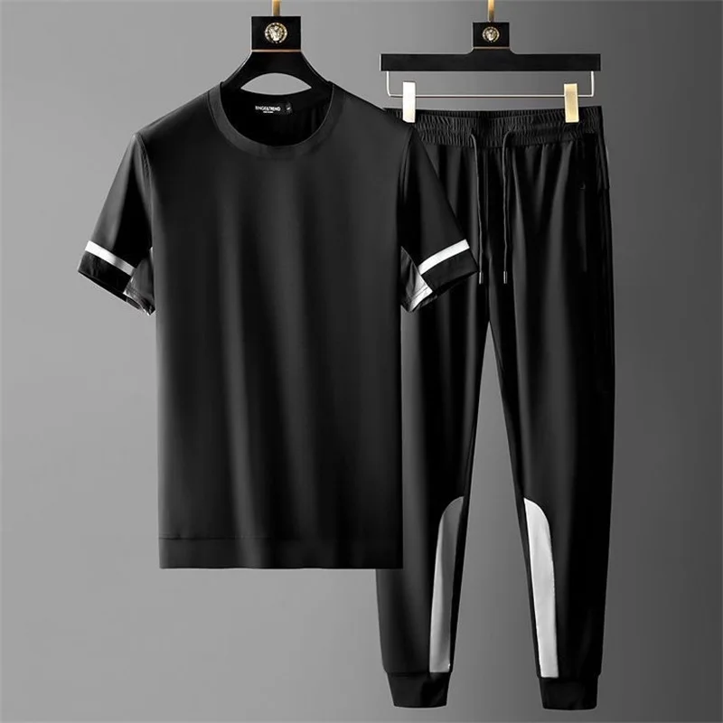 New Summer Ice Silk Tracksuit Men Casual Sports Suit T-shirt + Pants Two Pieces Set Quick Drying Suit Breathable Sweatpants Sets