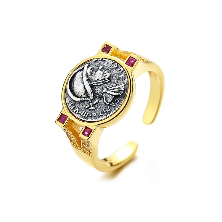 

MES-3 ZFSILVER Silver S925 Fashion Fine Roman Marstel Luxury Retro Gold Ancient Coin Ring Women Girl Wedding Party Jewelry Gift
