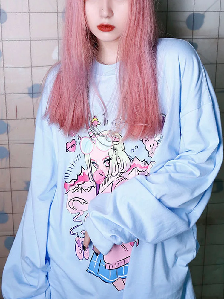 Kawaii Women's Long Sleeve Anime Pink Hair Sweatshirt