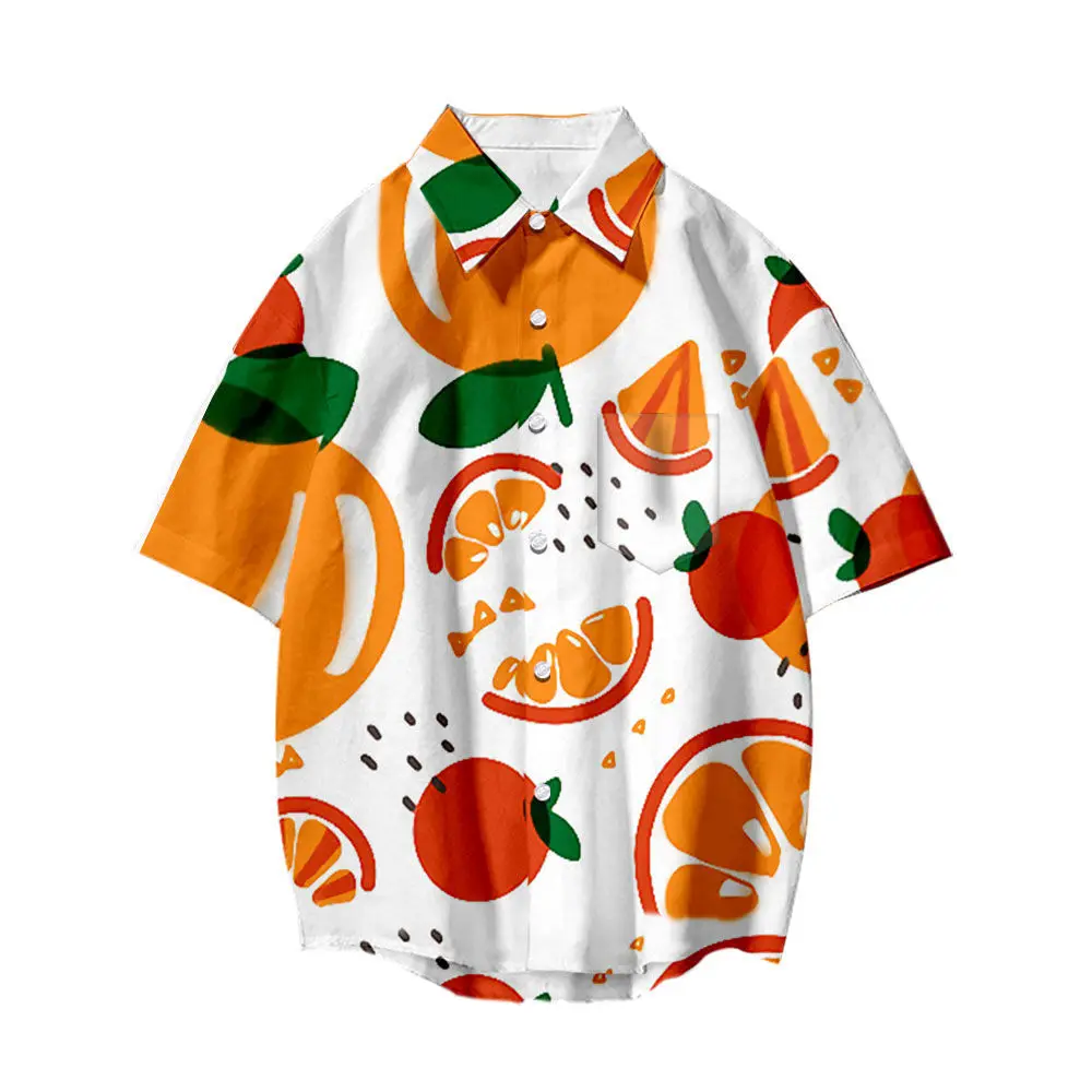 

Summer New Lemon Fruit Print Shirt Short Sleeve Button Up Shirt Men Beach Hawaiian Shirt Women Hong Kong Style Chic Korean Shirt