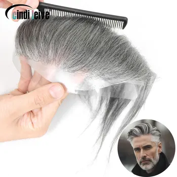 Parrucchino grigio per uomo Parrucchino umano 0,06 mm Pelle ultra sottile Stile V Attaccatura frontale per uomo Protesi capillare completa da uomo in PU