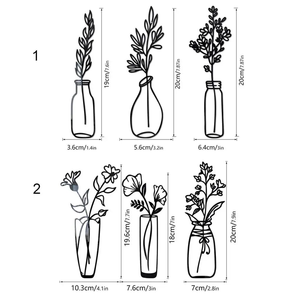 3PCS/Set Acrylic Living Room Ornament Self-adhesive Potting Plant Mirror Surface Decals Wall Stickers 3D Flower Vase