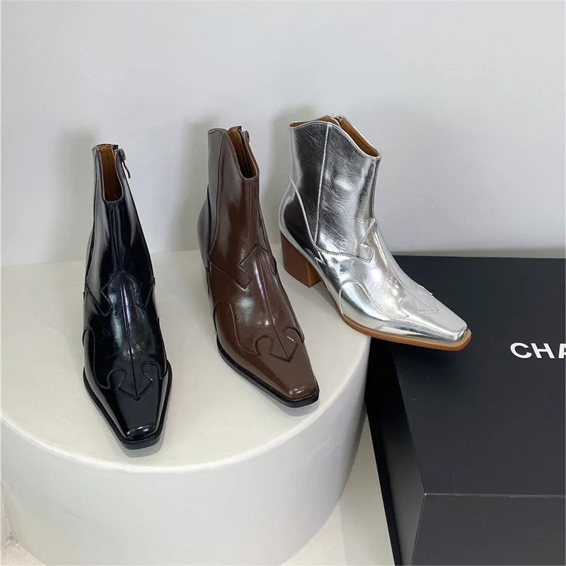 

Size 35-40 Women Ankle Boots Real Leather Thick High Heels Shoes For Women Winter 2024 Western Boots Casual Ladies