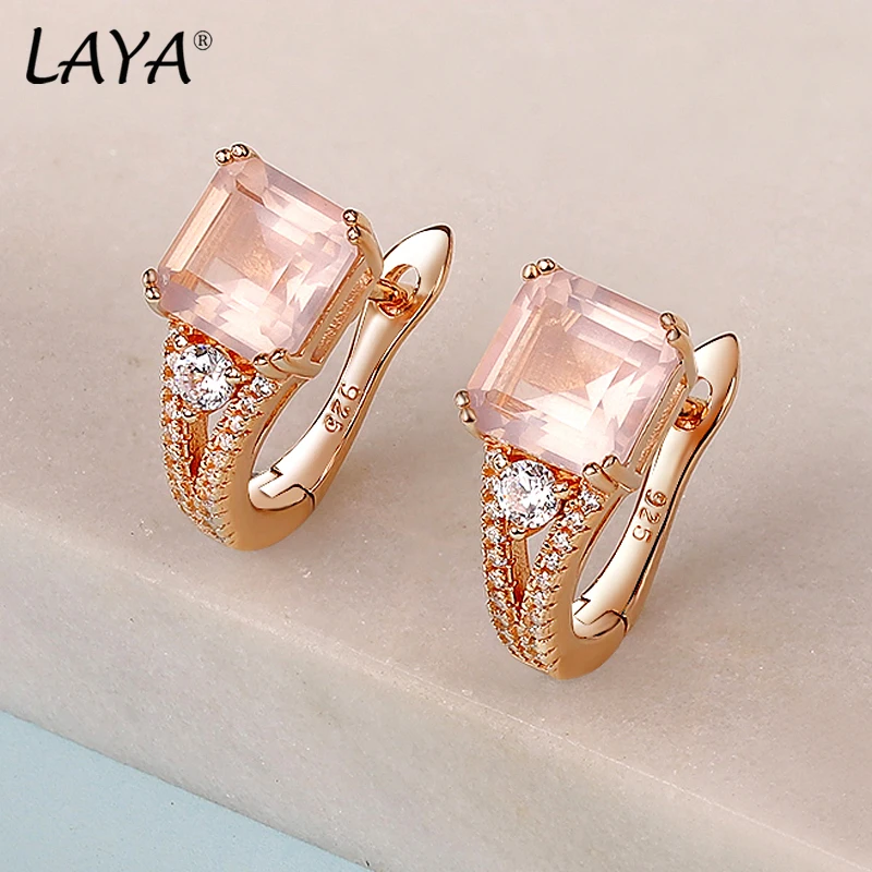 

LAYA Princess Cut Natural Rose Quartz 925 Sterling Silver Clip Earrings Light Pink 3 Carats Gemstone Romantic Style For Women