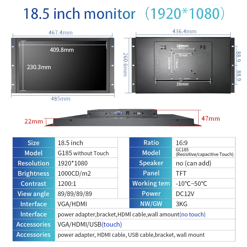 Zhixianda 18.5 인치 햇빛 읽기 가능 1000 Nits 용량 성 터치 스크린 오픈 프레임 모니터 HDMI VGA가있는 IPS 산업용 디스플레이