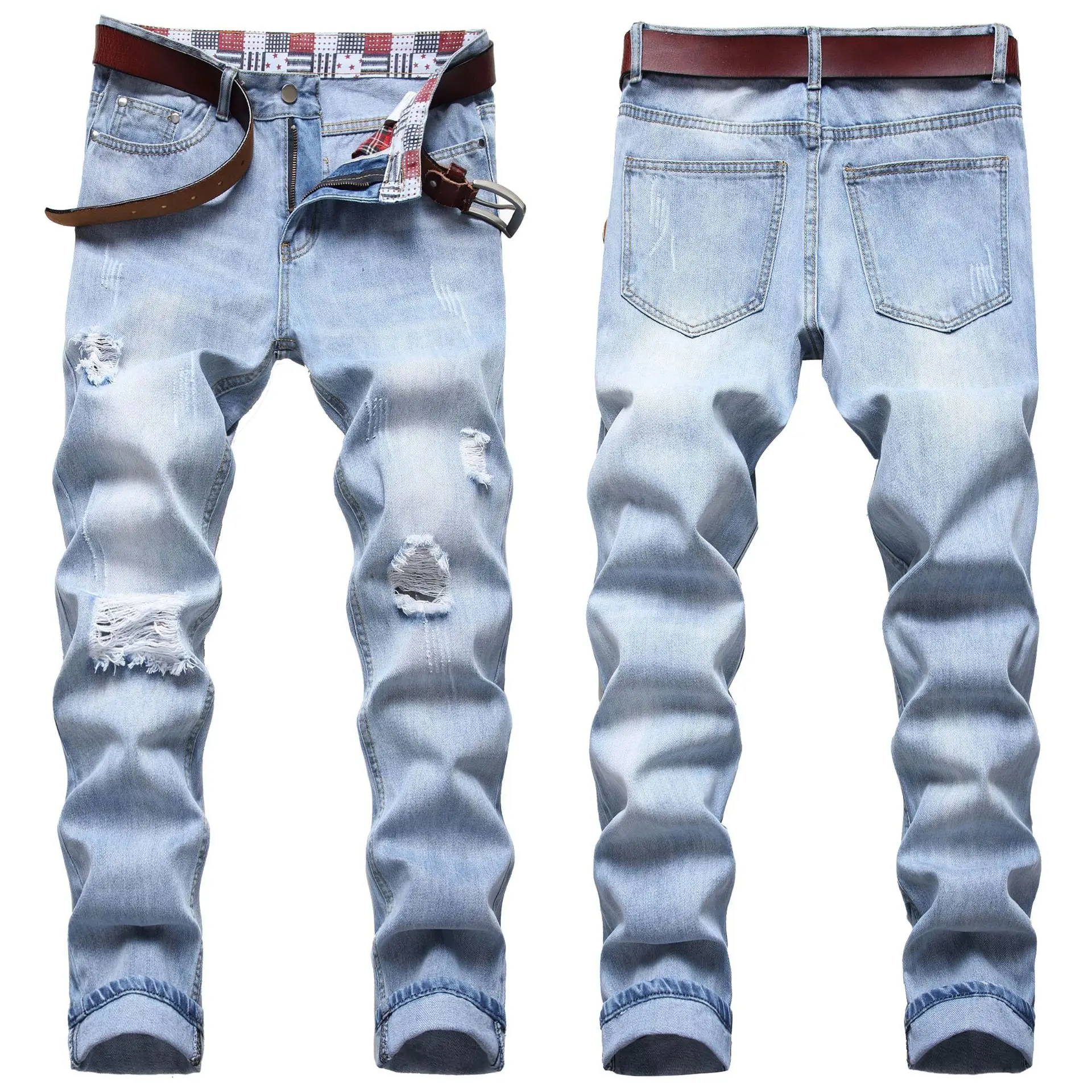 

Europe and the United States new ripped jeans light youth straight leg mid-waist men's trousers