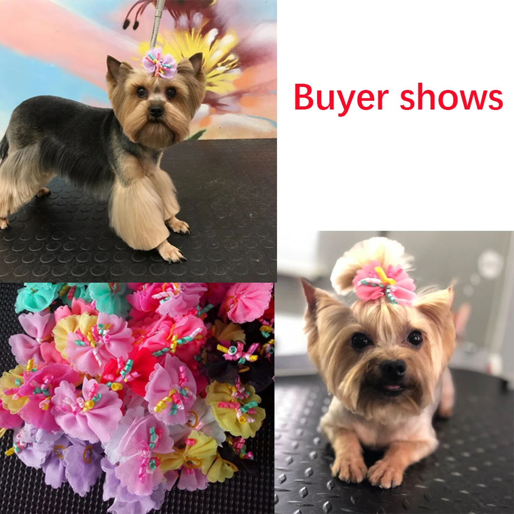 100PCS Dog Bows Volumes Ribbon Pet hair bows Dog Lace Bowknot Rubber bands Cute Dog Hair accessories Porcelain Gift For Dogs 3