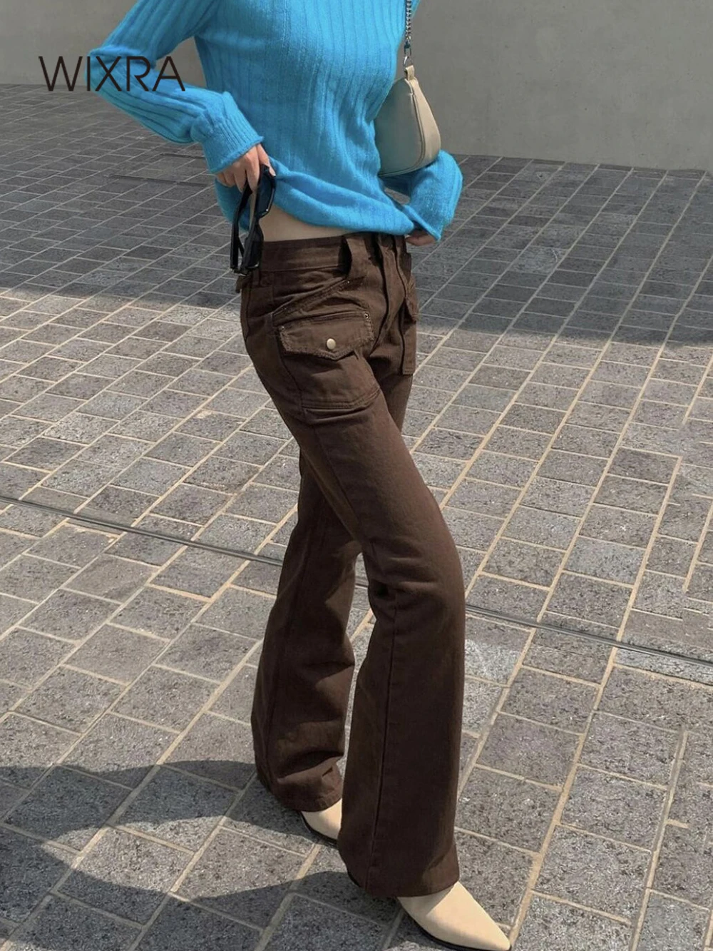 

Wixra New Women Hot Streetwear Long Flare Pants Ladies Slim Skinny Button High Waist Zipper Pocket Jeans Summer Spring