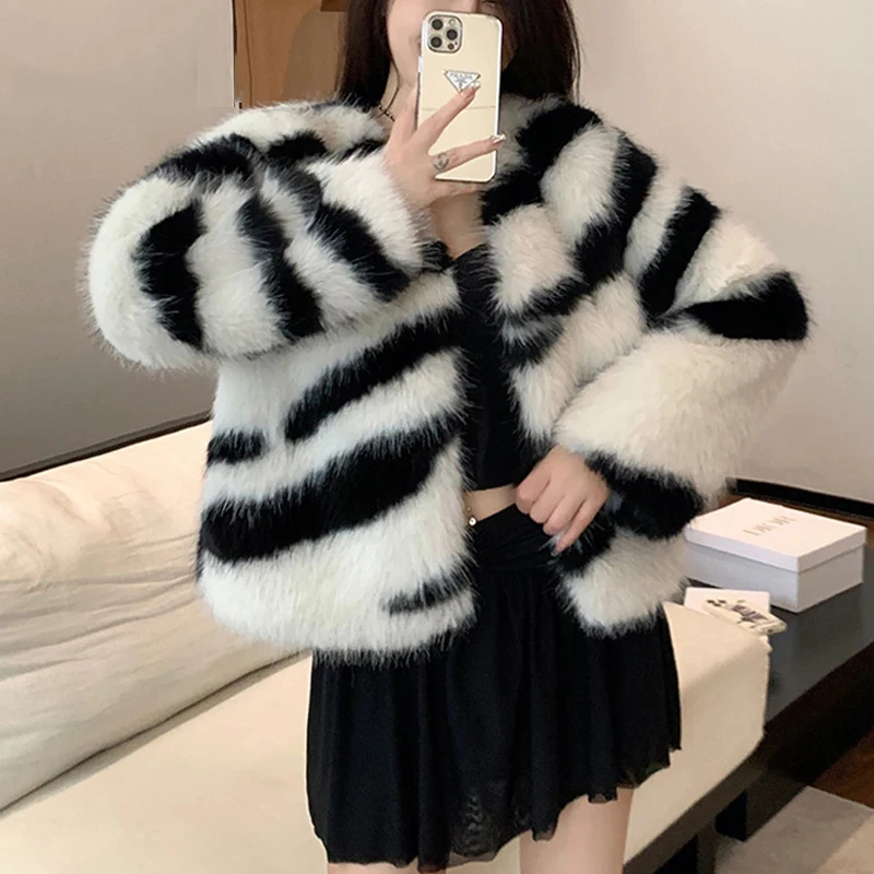 FANIECES Vintage Zebra Striped Print Faux Fur Coat Women Long Sleeve O Neck Shaggy Feather Jacket Fashion Casual Streetwear шуба