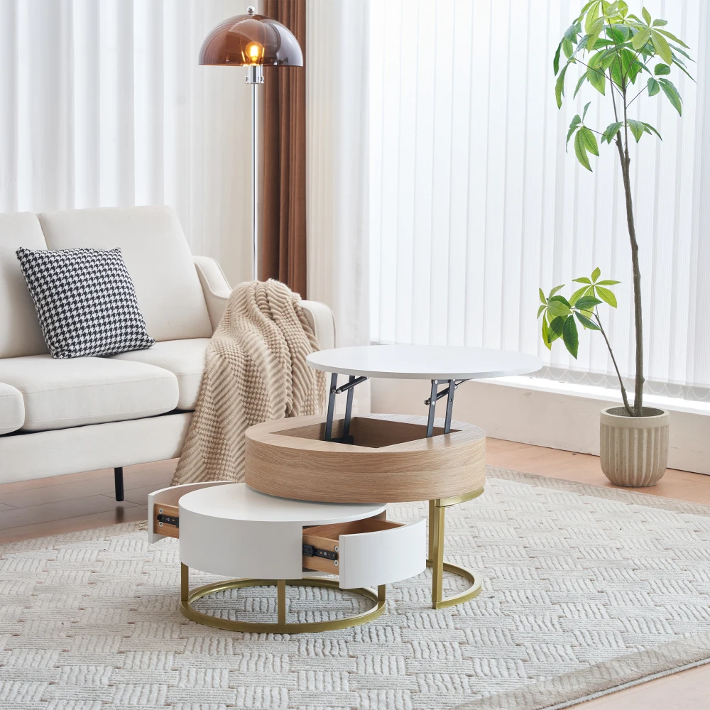PINGGO Gold Klappbarer Sofatisch mit Zwei Schubladen 2-teiliges Set Sitztisch Beistelltisch für Wohnzimmer – Detail 1