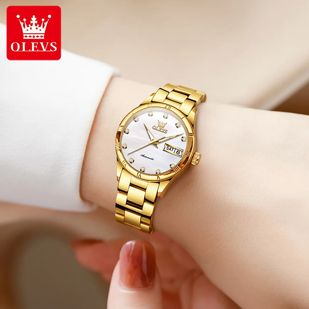 OLEVS 7030 Couple Watches Dual Calendar Fashion Roman Scale Diamond Mechanical Wristwatch Waterproof Luminous Automatic Watch