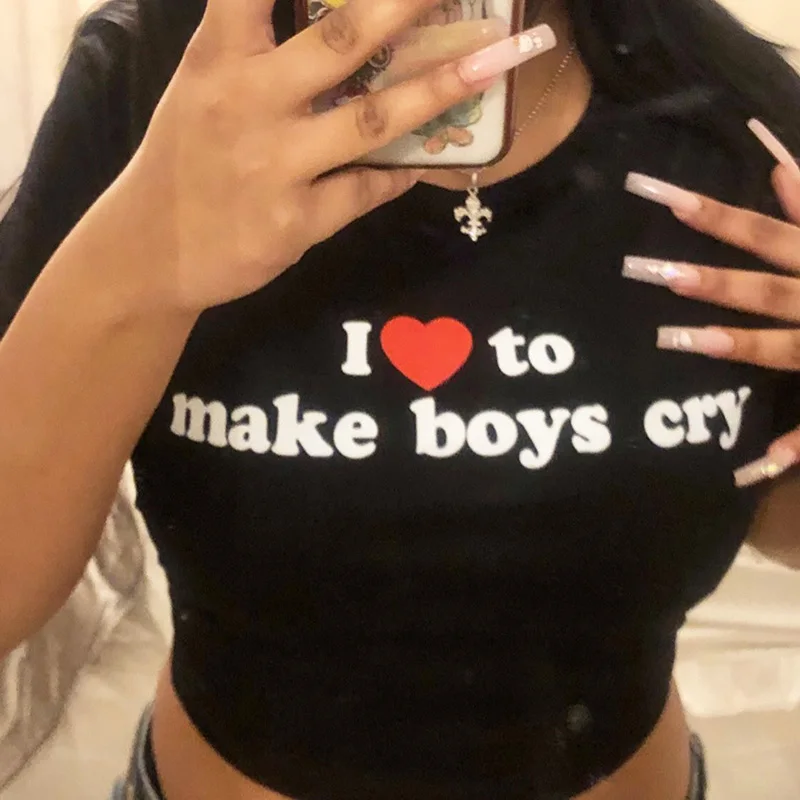 Harajuku letter I love to make boy cry Print T-Shirt short sleeve Skinny Crop tops Women y2k kawaii streetwear Cropped tops Tee
