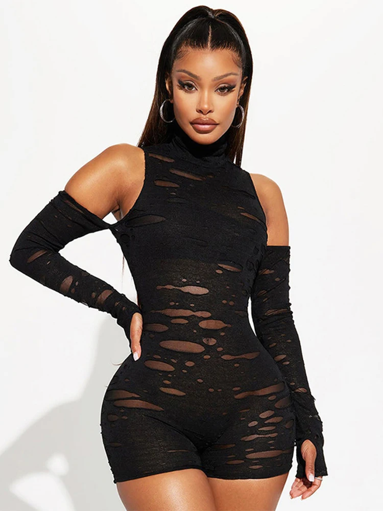 Sibybo Ladies Jumpsuit Sexy Off-the-shoulder Long-sleeved Mesh Playsuit Solid Color Turtleneck Casual Shorts Fall Women Clothing