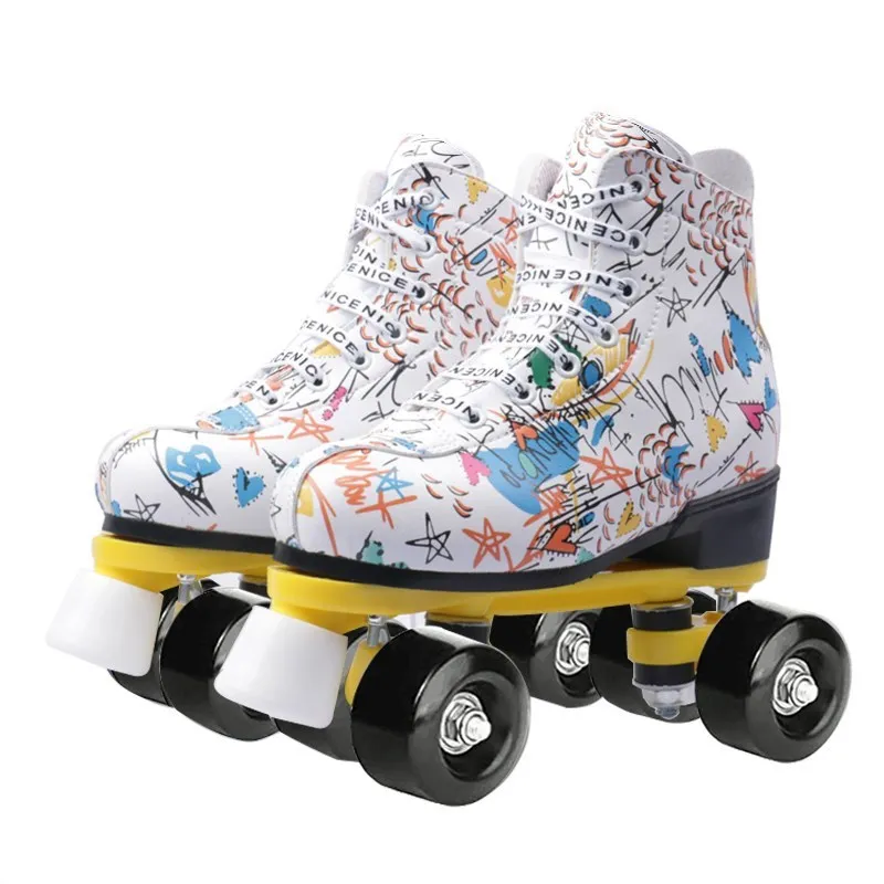 Flashing Roller Skate Shoes For Women Men Adult Beginner Double-Row 4 Wheels Skates Doodle Print Outdoor Skating Sports Sneakers