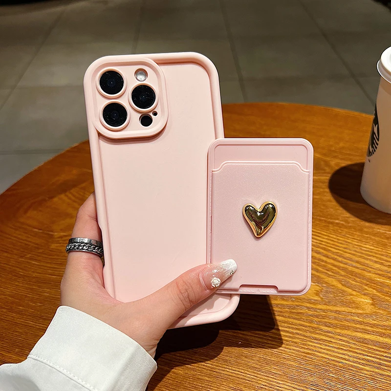 Gold Love Heart 3D Wallet Phone Case with Silicone Soft Cover