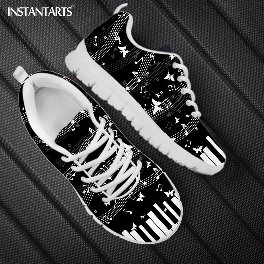 

INSTANTARTS Fashion Mesh Sneakers Women ShoesBlack White Musical Note Printing Ladies Lightweight Flats Footwear Zapatos Mujer