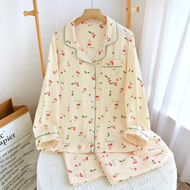 2024 Japanese New Spring and Autumn Women's Pajamas Long Sleeve Long Pants Two Piece Set of 100% Cotton Crepe Cute Home Fury