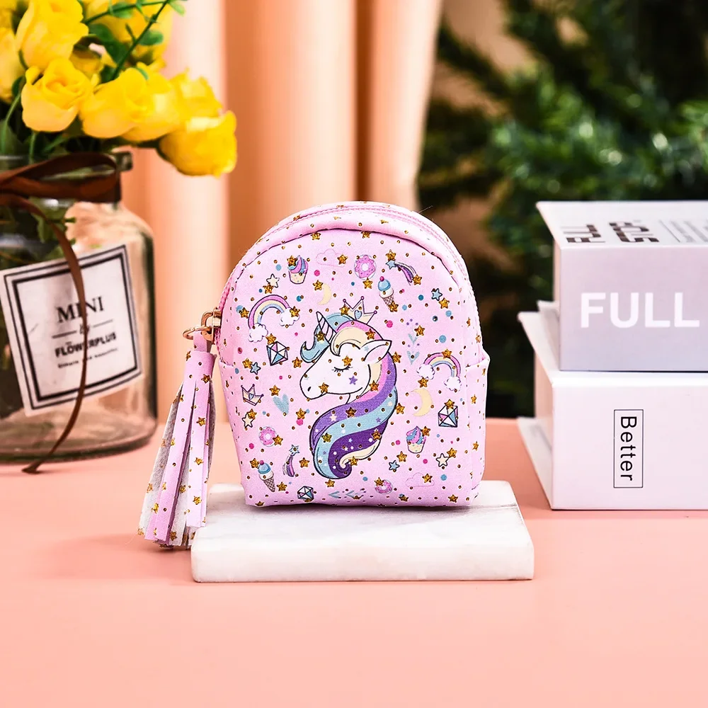 Cute Cartoon Unicorn Coin Purse PU Leather Zip Women Girl Mini Handbag Key Earphone Bag Kids Small Wallet with Keychain Pendants
