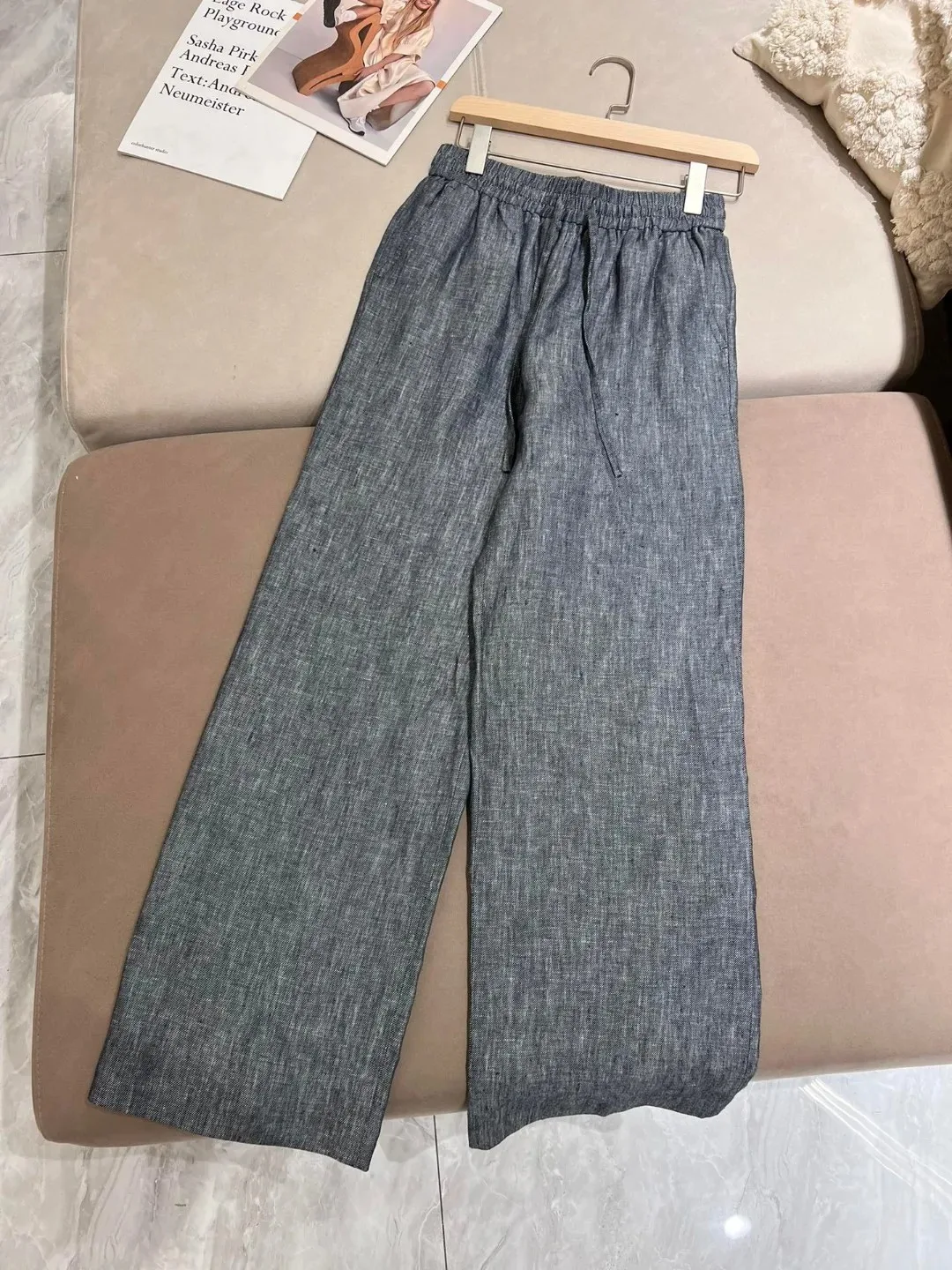 

2024 New Women's Linen Straight Leg Pants Comfortable Elastic Waist Women's Wide Leg Pants
