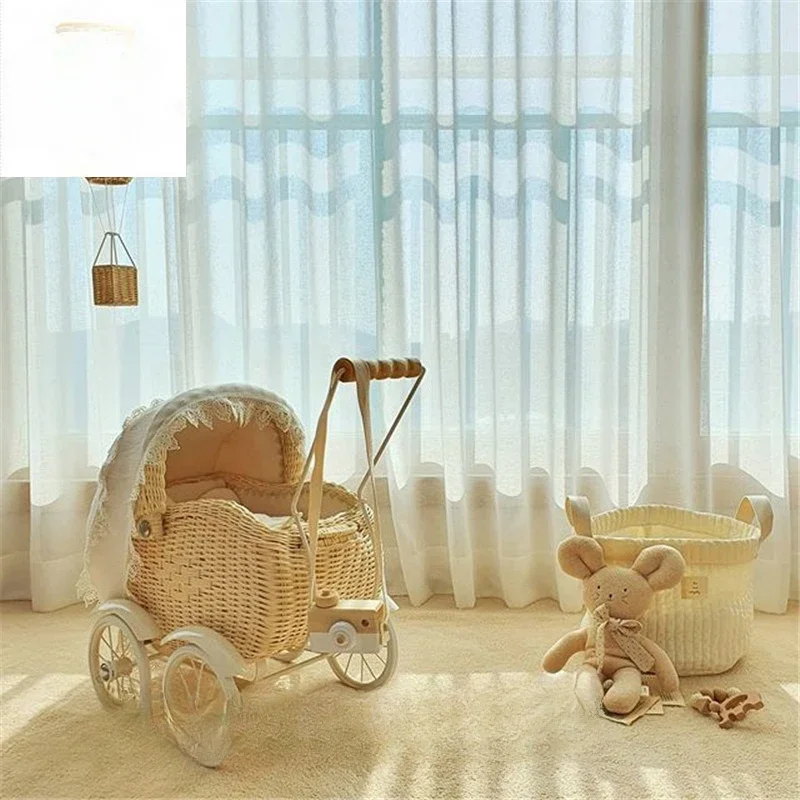 Nordic Rattan Hand-Pushed Walker Baby Hand-Held Walking Four-Wheel Toy Children's Room Decoration Photo Props