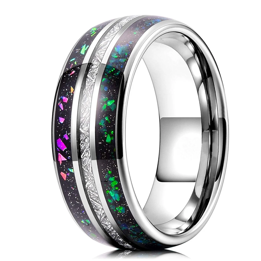 Fashion 8Mm Men Galaxy Tungsten Carbide Ring With Created-Opal & Meteorite Inlay Ring Men'S Wedding Band Size 6-14